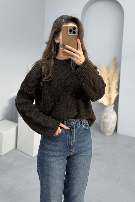 ROUND NECK SIMPLE WOMEN SWEATER DARK BROWN/KAE - 3