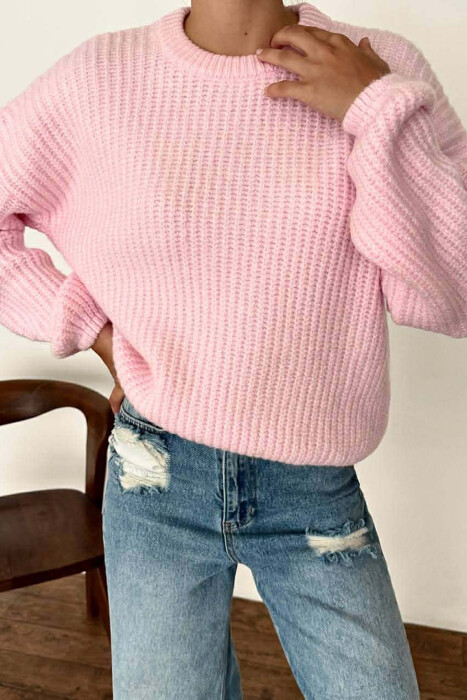 ROUND NECK SIMPLE WOMEN SWEATER PINK/ROZE - 1