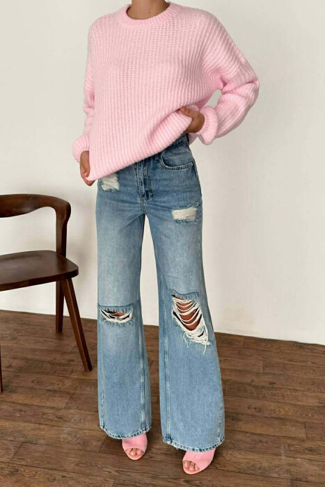 ROUND NECK SIMPLE WOMEN SWEATER PINK/ROZE - 3