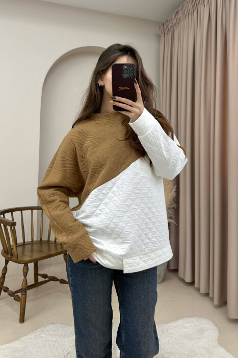 ROUND NECK SIMPLE WOMEN SWEATSHIRT BROWN/KAFE - 1