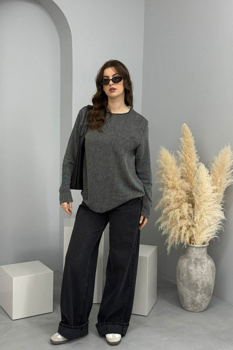 ROUND NECK SINGLE POCKET WOMEN SWEATER BLACK/ E ZEZE - 1