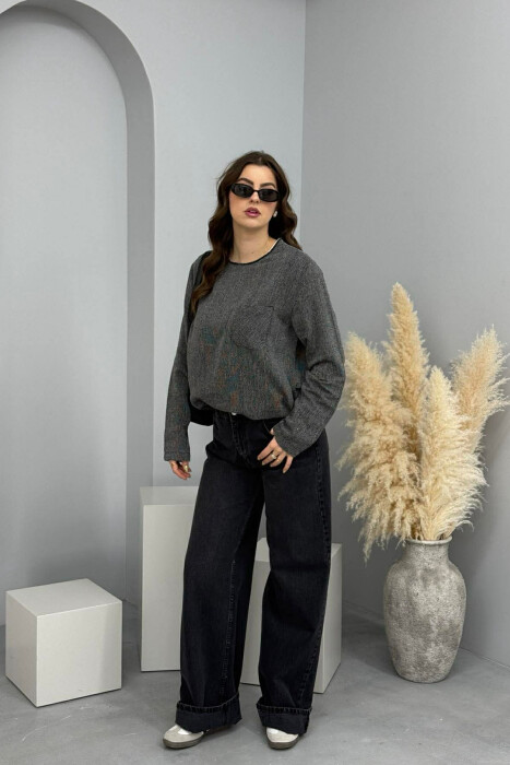 ROUND NECK SINGLE POCKET WOMEN SWEATER BLACK/ E ZEZE - 2