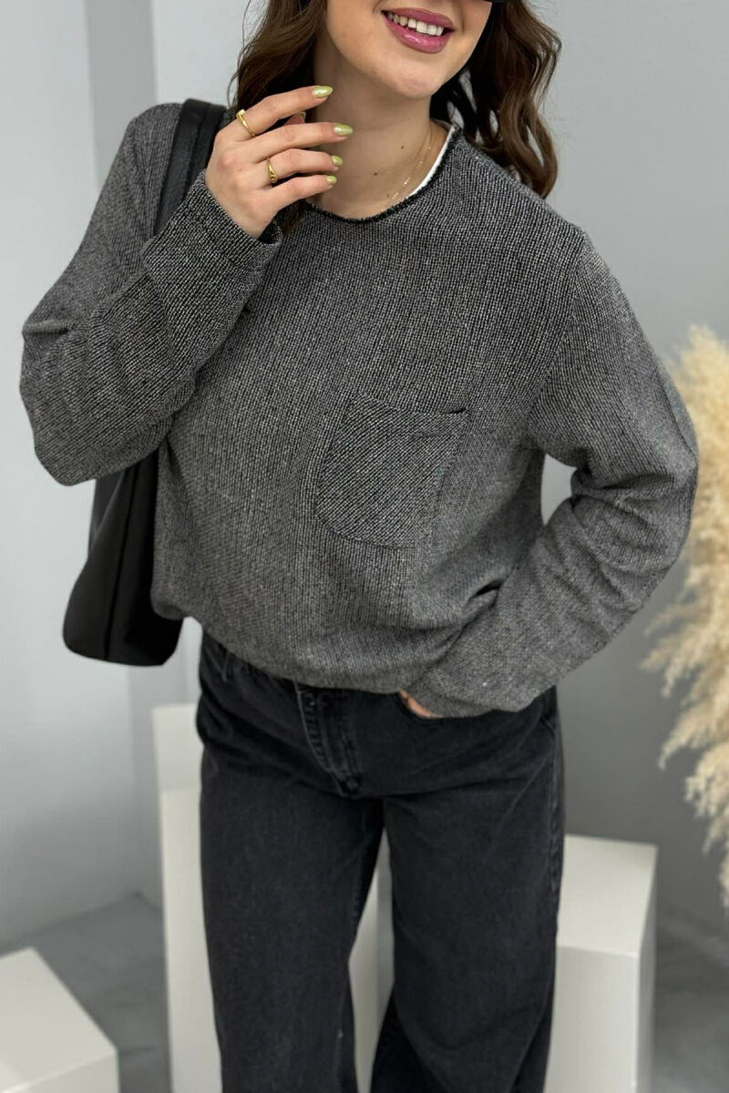 ROUND NECK SINGLE POCKET WOMEN SWEATER BLACK/ E ZEZE - 4