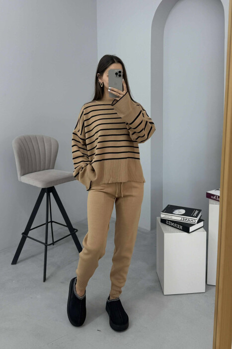 ROUND NECK STRIPES SWEATER+TROUSERS KNIT WOMEN SET BROWN/KAFE - 1