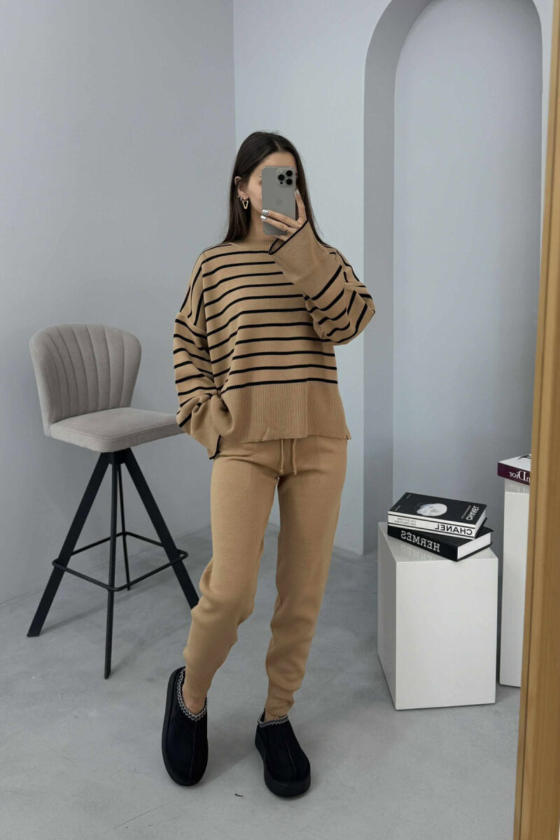 ROUND NECK STRIPES SWEATER+TROUSERS KNIT WOMEN SET BROWN/KAFE - 1
