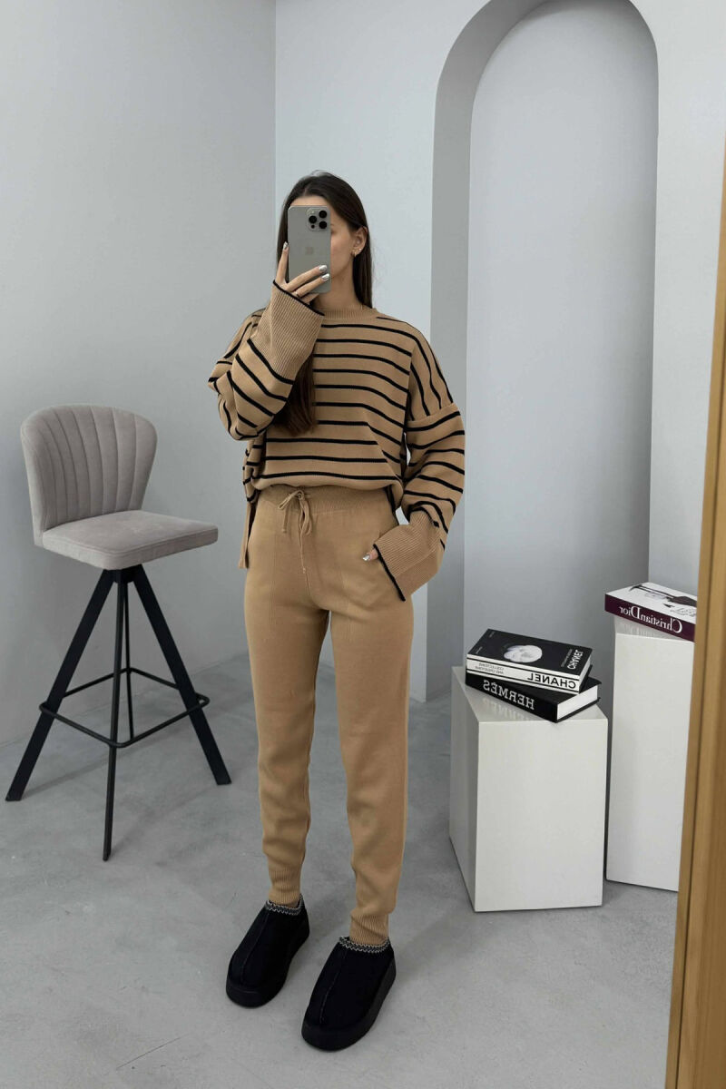 ROUND NECK STRIPES SWEATER+TROUSERS KNIT WOMEN SET BROWN/KAFE - 2