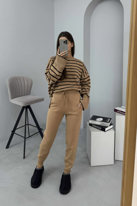 ROUND NECK STRIPES SWEATER+TROUSERS KNIT WOMEN SET BROWN/KAFE - 3