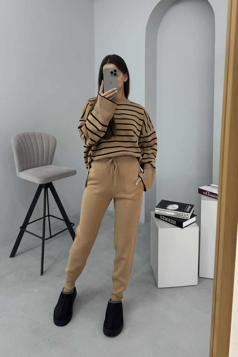 ROUND NECK STRIPES SWEATER+TROUSERS KNIT WOMEN SET BROWN/KAFE - 3