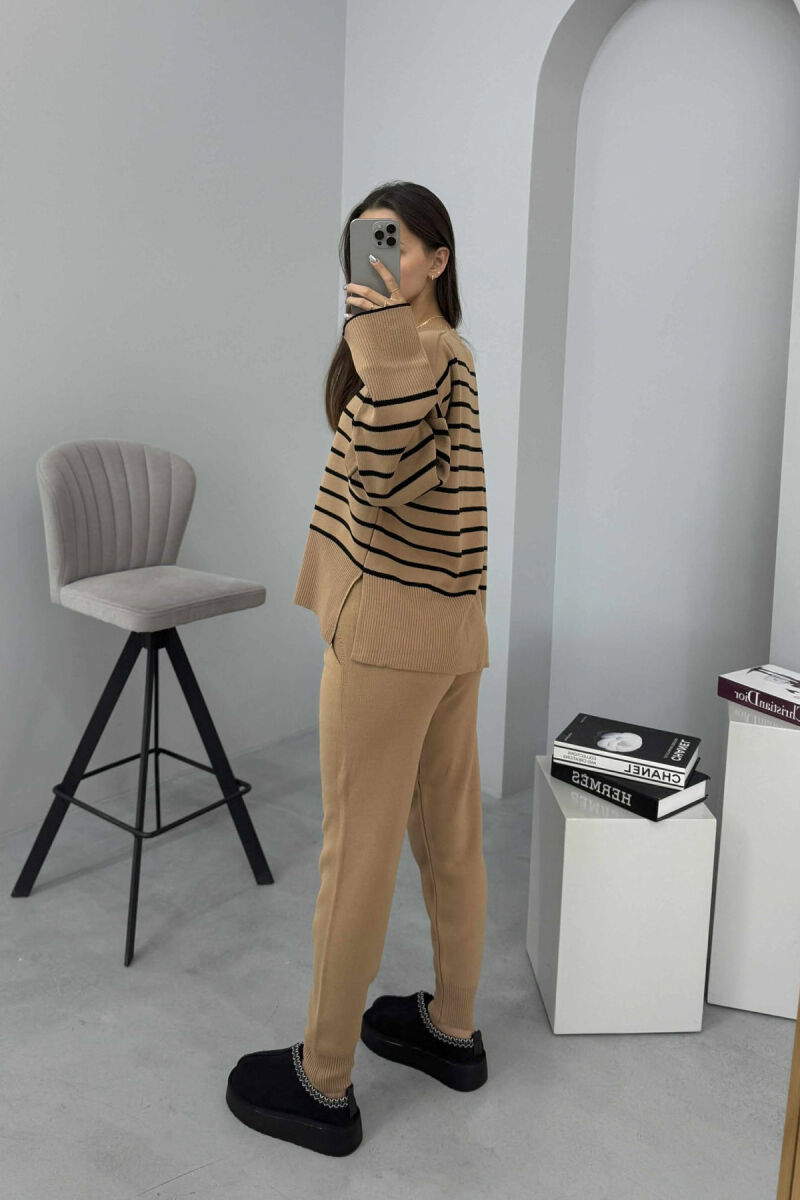 ROUND NECK STRIPES SWEATER+TROUSERS KNIT WOMEN SET BROWN/KAFE - 4
