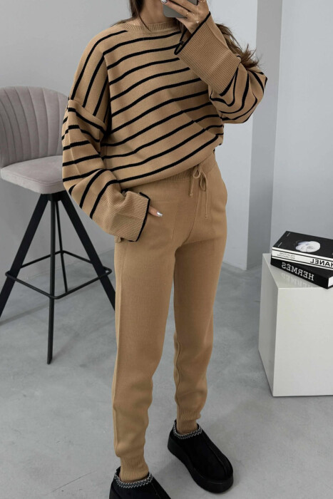ROUND NECK STRIPES SWEATER+TROUSERS KNIT WOMEN SET BROWN/KAFE - 5