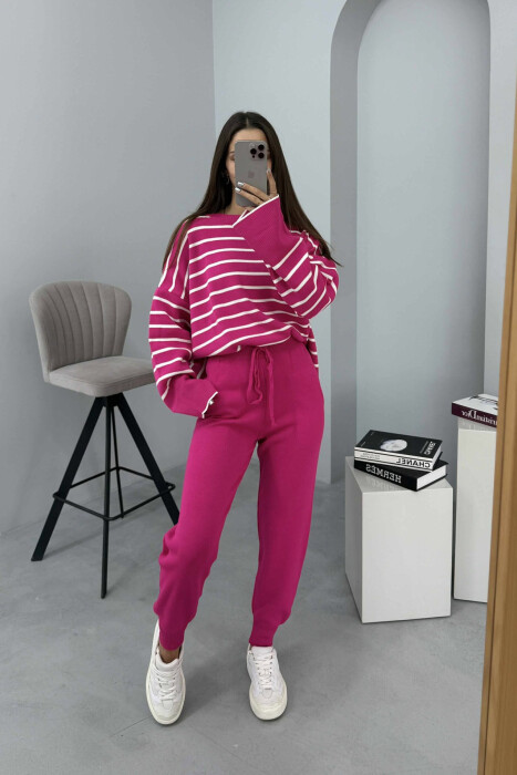 ROUND NECK STRIPES SWEATER+TROUSERS KNIT WOMEN SET FUCHSIA/CIKLAMI - 