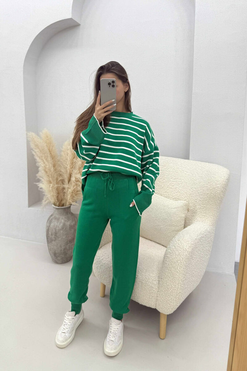 ROUND NECK STRIPES SWEATER+TROUSERS KNIT WOMEN SET GREEN/JESHILE - 3