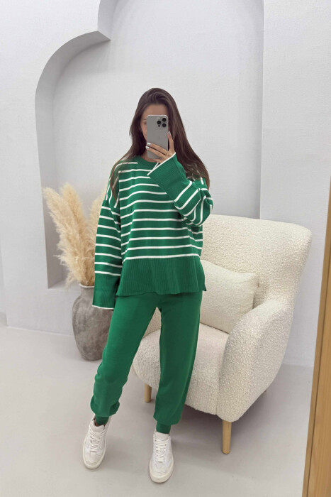 ROUND NECK STRIPES SWEATER+TROUSERS KNIT WOMEN SET GREEN/JESHILE - 1