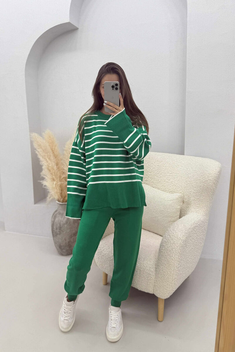 ROUND NECK STRIPES SWEATER+TROUSERS KNIT WOMEN SET GREEN/JESHILE - 1