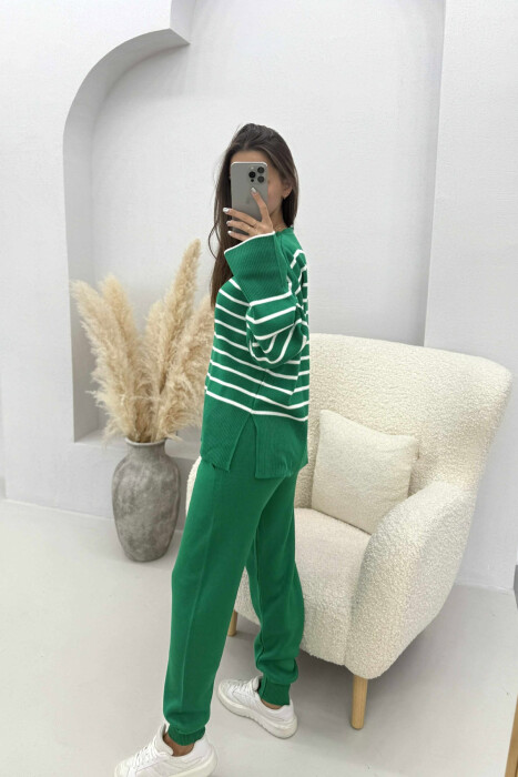 ROUND NECK STRIPES SWEATER+TROUSERS KNIT WOMEN SET GREEN/JESHILE - 5