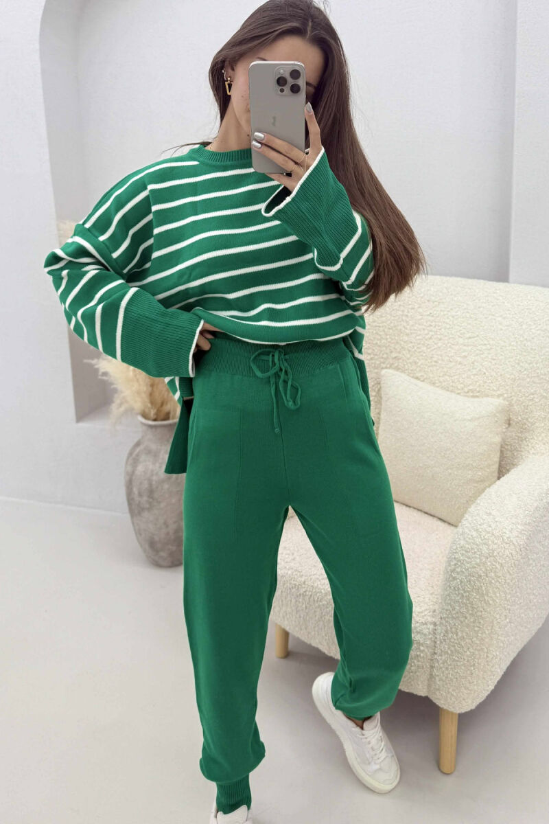 ROUND NECK STRIPES SWEATER+TROUSERS KNIT WOMEN SET GREEN/JESHILE - 4