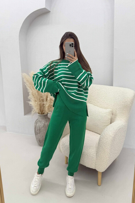 ROUND NECK STRIPES SWEATER+TROUSERS KNIT WOMEN SET GREEN/JESHILE - 2