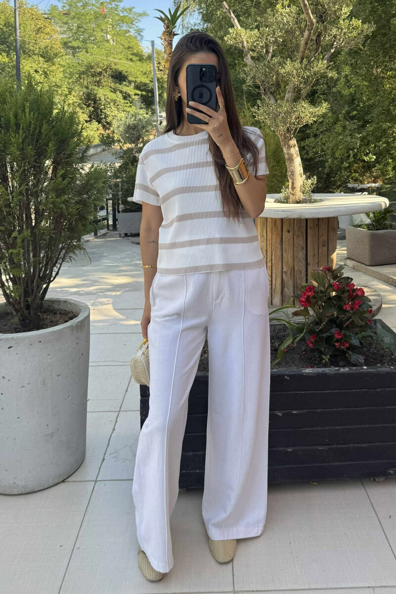 ROUND NECK STRIPE DESIGN WOMEN T-SHIRT WHITE-BEIGE/BABZH - 1