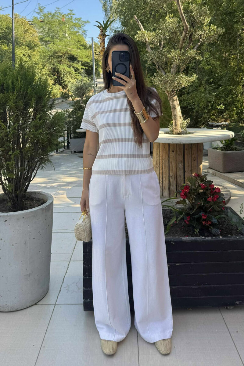 ROUND NECK STRIPE DESIGN WOMEN T-SHIRT WHITE-BEIGE/BABZH - 2