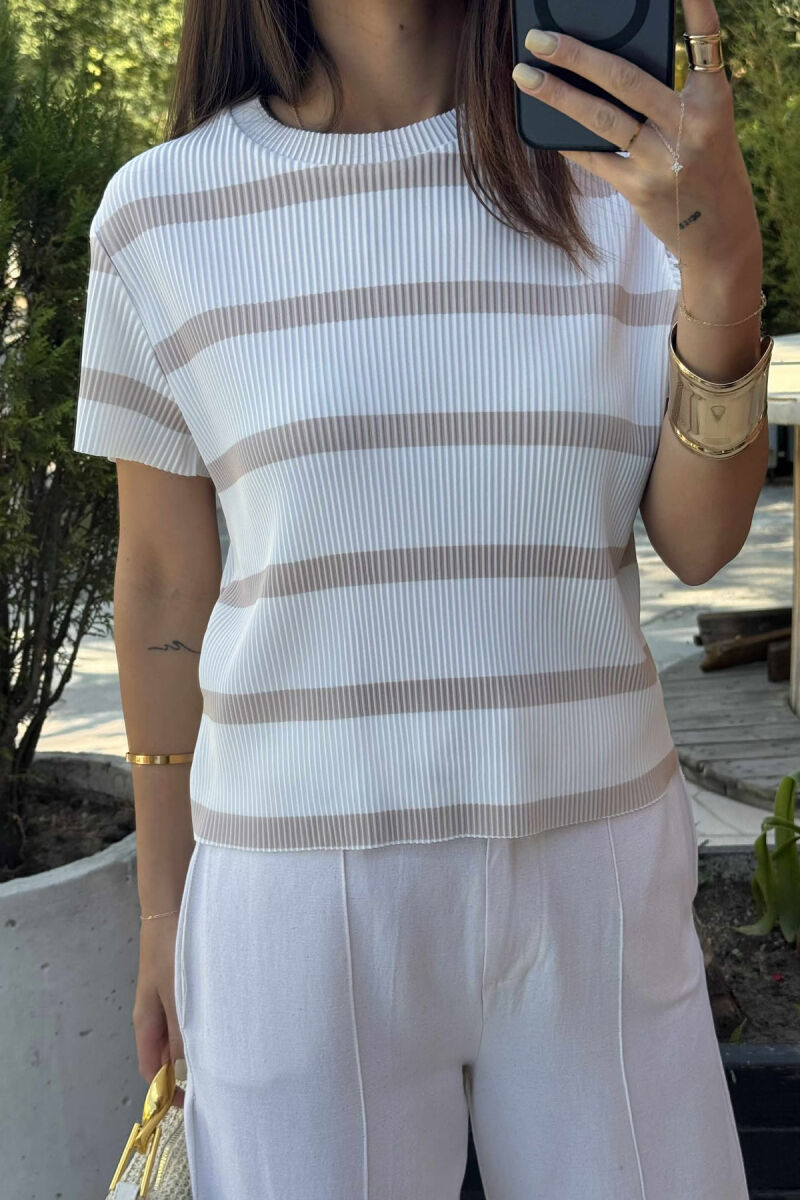 ROUND NECK STRIPE DESIGN WOMEN T-SHIRT WHITE-BEIGE/BABZH - 3