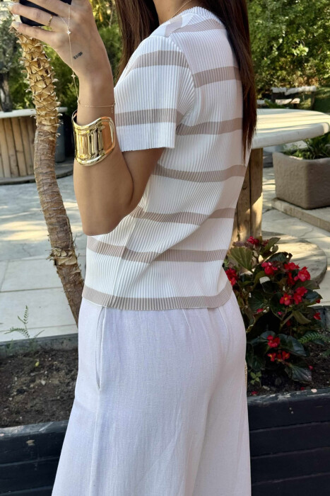ROUND NECK STRIPE DESIGN WOMEN T-SHIRT WHITE-BEIGE/BABZH - 4