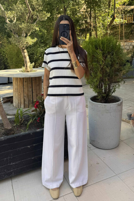 ROUND NECK STRIPE DESIGN WOMEN T-SHIRT WHITE-BLACK/BAZE - 1
