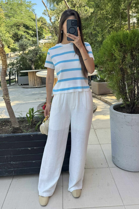 ROUND NECK STRIPE DESIGN WOMEN T-SHIRT WHITE-BLUE/BABL - KLAUDIO FASHION