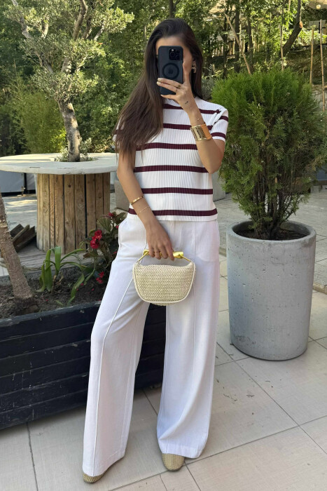 ROUND NECK STRIPE DESIGN WOMEN T-SHIRT WHITE-BURGUNDY/BAVI - KLAUDIO FASHION