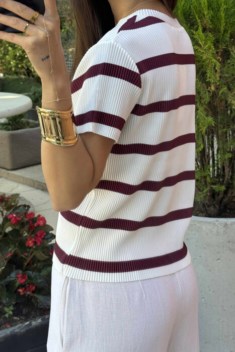 ROUND NECK STRIPE DESIGN WOMEN T-SHIRT WHITE-BURGUNDY/BAVI - 4