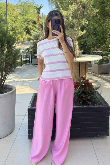 ROUND NECK STRIPE DESIGN WOMEN T-SHIRT WHITE-PINK/BARO - KLAUDIO FASHION