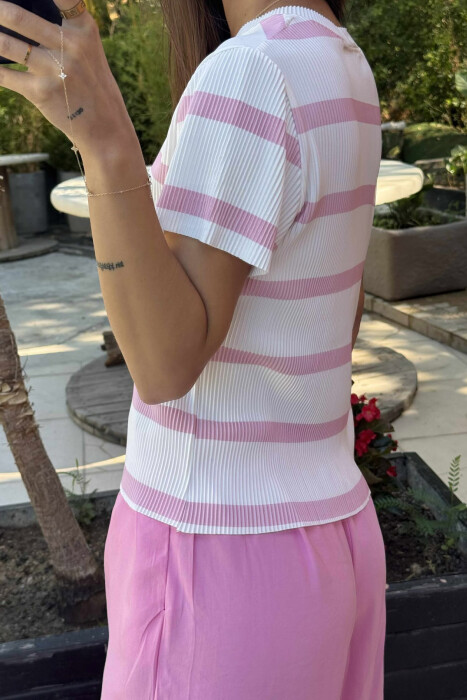 ROUND NECK STRIPE DESIGN WOMEN T-SHIRT WHITE-PINK/BARO - 4
