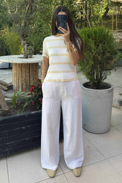 ROUND NECK STRIPE DESIGN WOMEN T-SHIRT WHITE-YELLOW/BAVE - KLAUDIO FASHION