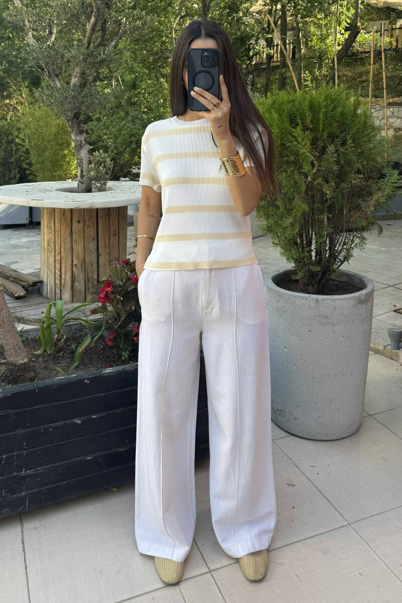 ROUND NECK STRIPE DESIGN WOMEN T-SHIRT WHITE-YELLOW/BAVE - 1