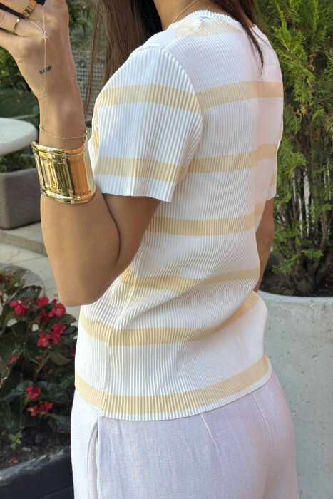 ROUND NECK STRIPE DESIGN WOMEN T-SHIRT WHITE-YELLOW/BAVE - 2