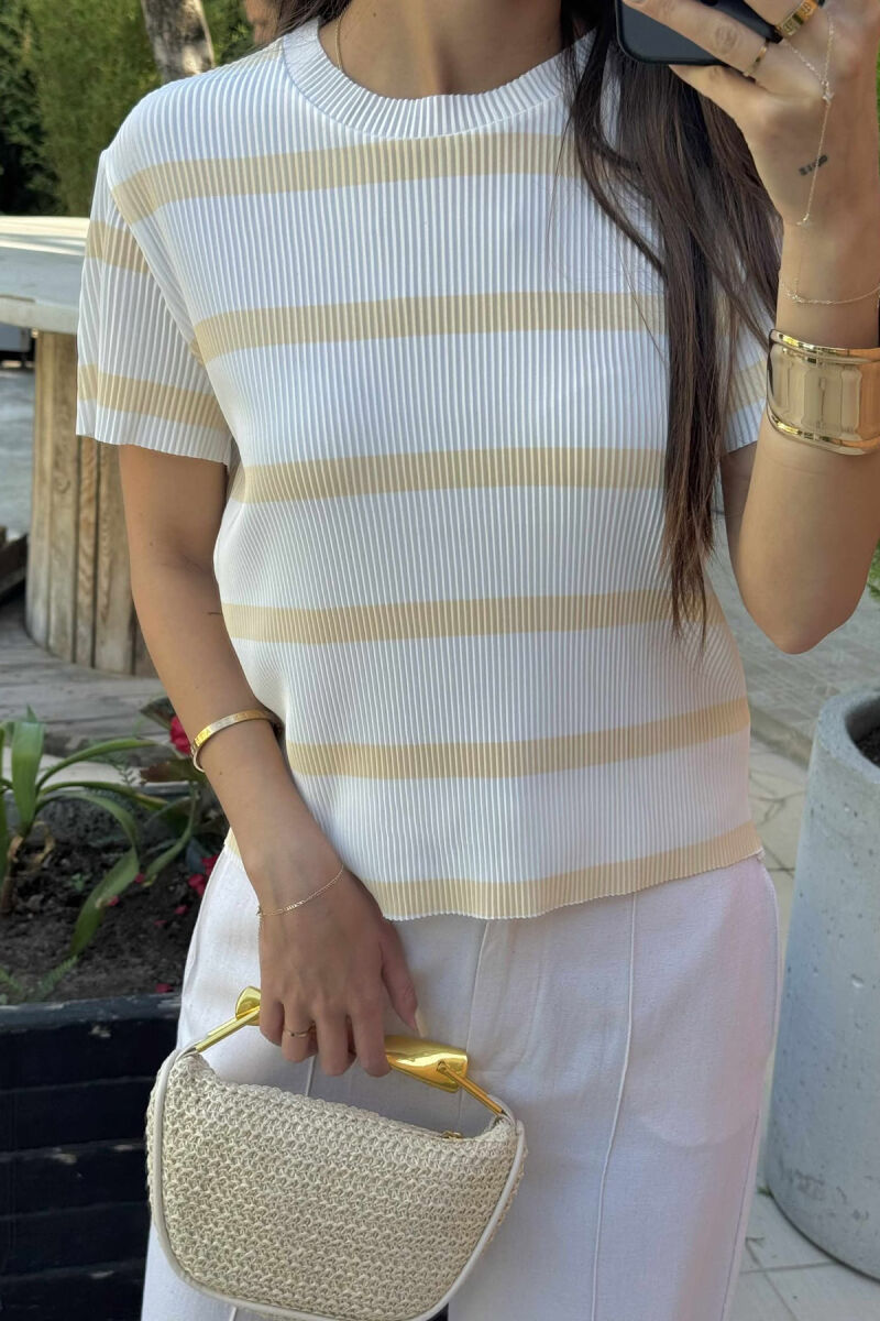 ROUND NECK STRIPE DESIGN WOMEN T-SHIRT WHITE-YELLOW/BAVE - 3