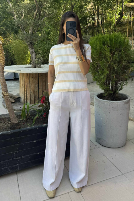 ROUND NECK STRIPE DESIGN WOMEN T-SHIRT WHITE-YELLOW/BAVE - 4