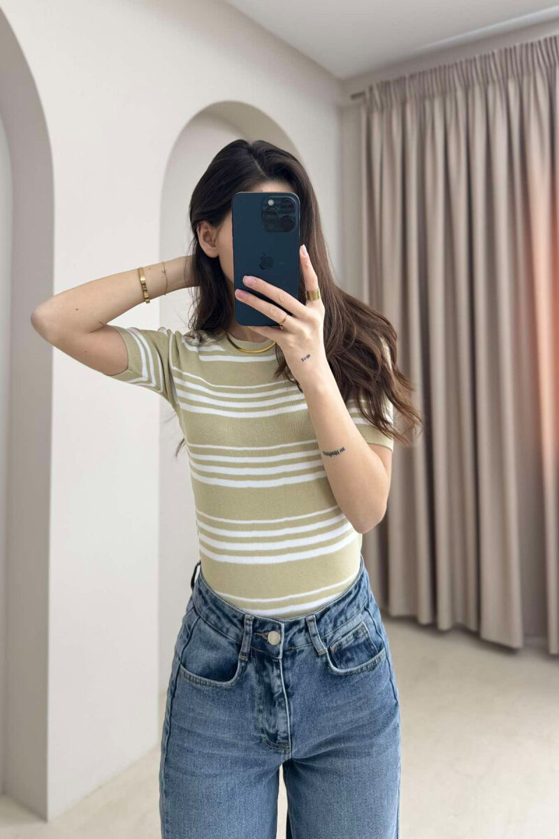 ROUND NECK STRIPE WOMEN T-SHIRT BEIGE/BEZHE - 1