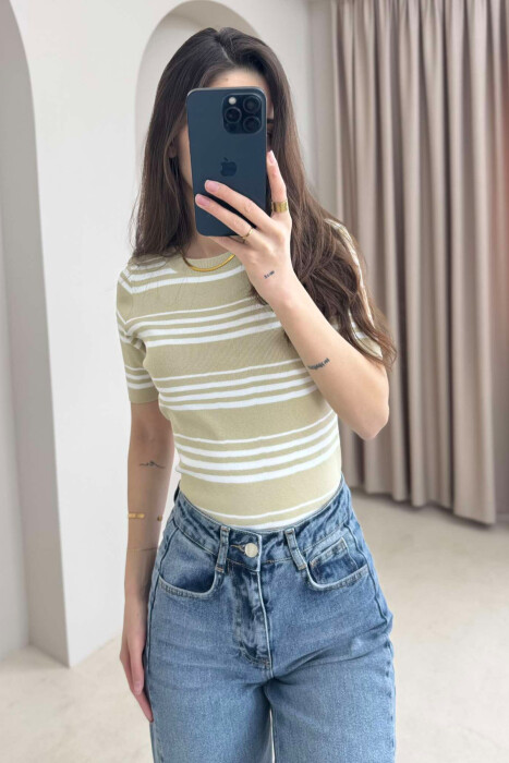 ROUND NECK STRIPE WOMEN T-SHIRT BEIGE/BEZHE - 2