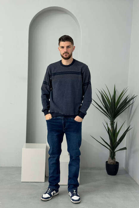 ROUND NECK STRIPED MEN SWEATER BLUE/BLU - KLAUDIO FASHION