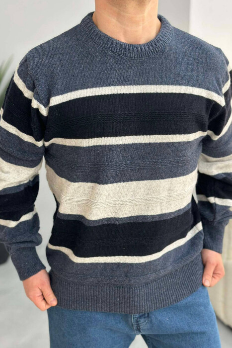 ROUND NECK STRIPED MEN SWEATER IN BLUE COLOR 