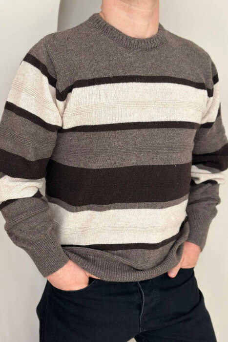 ROUND NECK STRIPED MEN SWEATER IN BROWN COLOR 