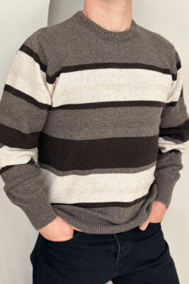 ROUND NECK STRIPED MEN SWEATER BROWN/KAFE 