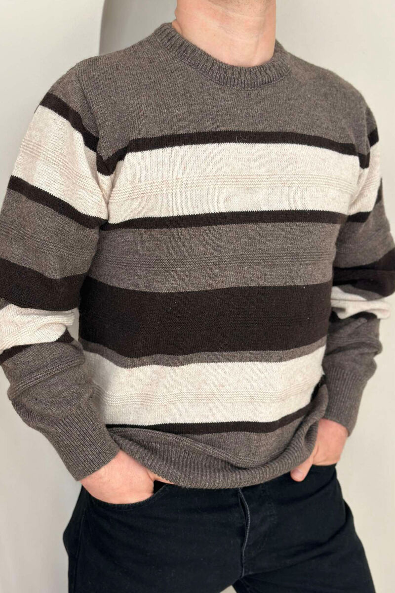 ROUND NECK STRIPED MEN SWEATER BROWN/KAFE - 1