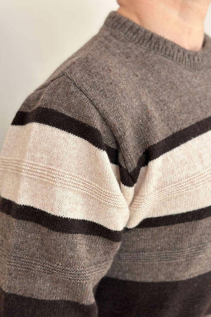 ROUND NECK STRIPED MEN SWEATER BROWN/KAFE - 3