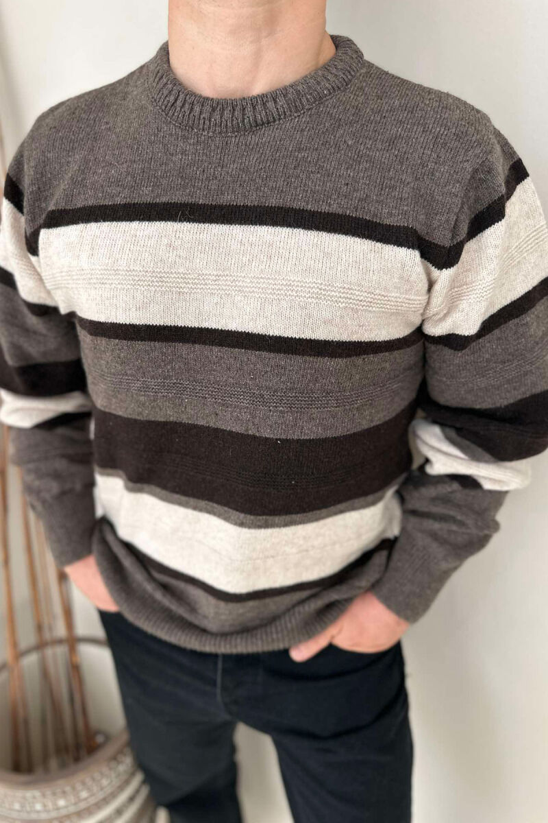 ROUND NECK STRIPED MEN SWEATER BROWN/KAFE - 4