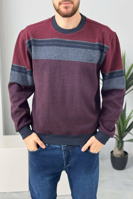 ROUND NECK STRIPED MEN SWEATER BURGUNDY/VISHNJE - KLAUDIO FASHION