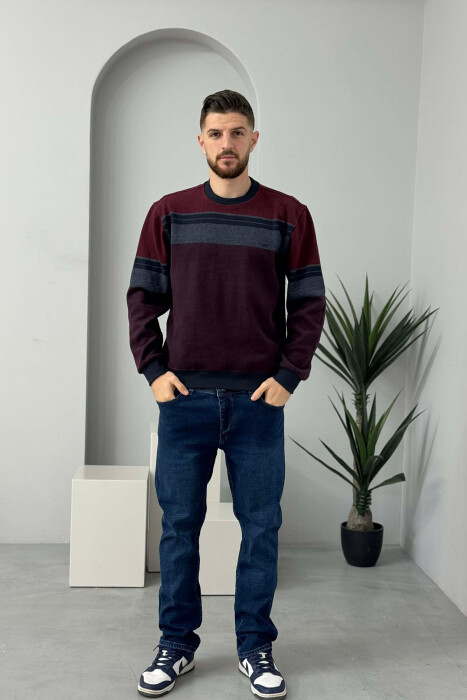 ROUND NECK STRIPED MEN SWEATER BURGUNDY/VISHNJE - KLAUDIO FASHION