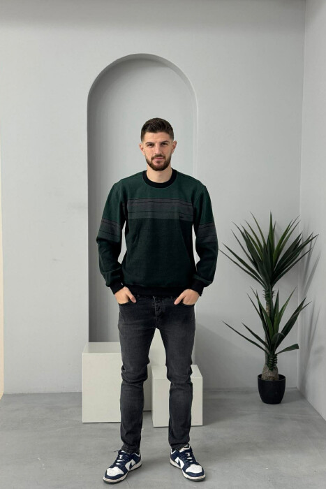 ROUND NECK STRIPED MEN SWEATER GREEN/JESHILE 
