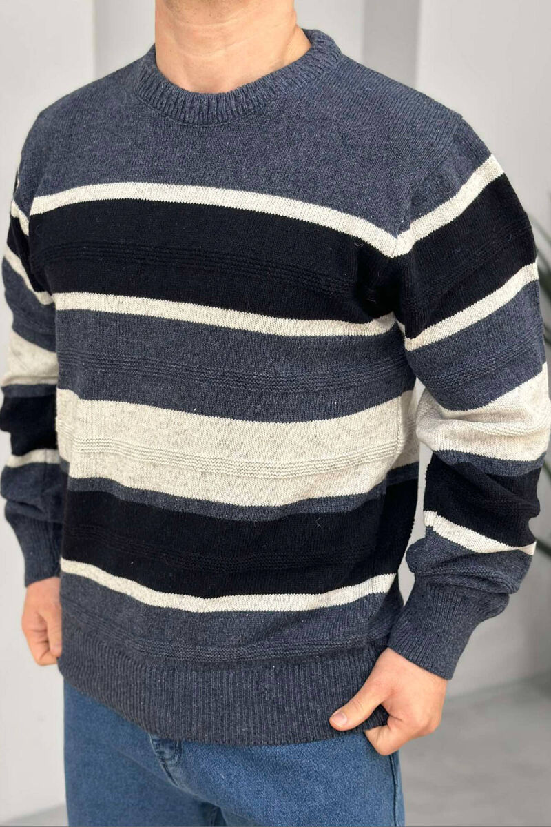 ROUND NECK STRIPED MEN SWEATER IN BLUE COLOR - 2