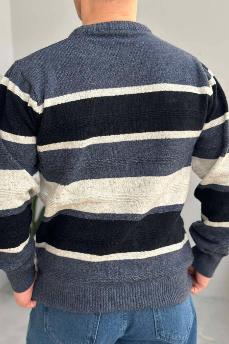 ROUND NECK STRIPED MEN SWEATER IN BLUE COLOR - 4